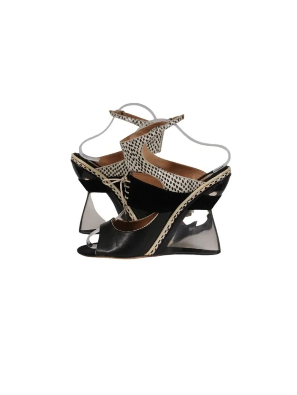 Salvatore Ferragamo Womens Plexi Glass Wedge Sandals Size US 10 Black Ivory Tan